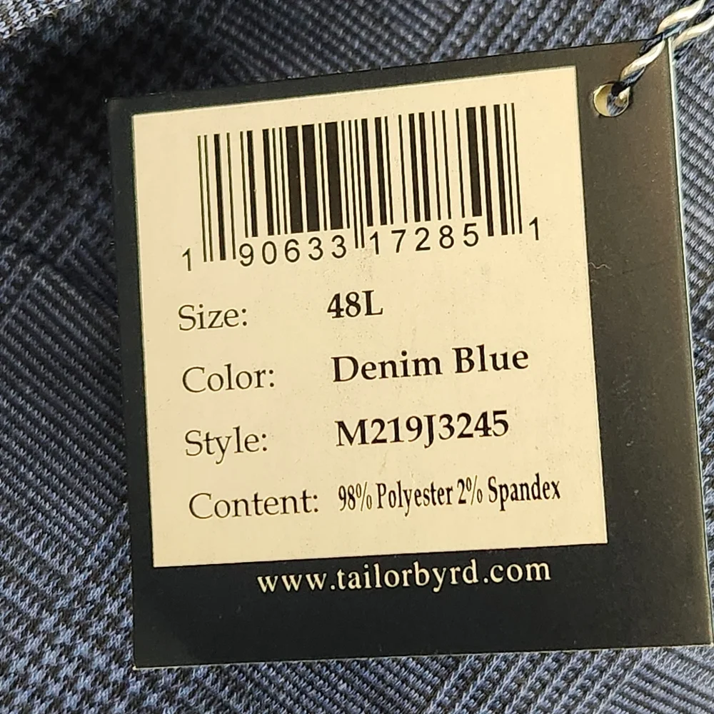 Tailorbyrd Collection NWT Denim Blue Plaid Sports Coat Blazer Mens Size 48L